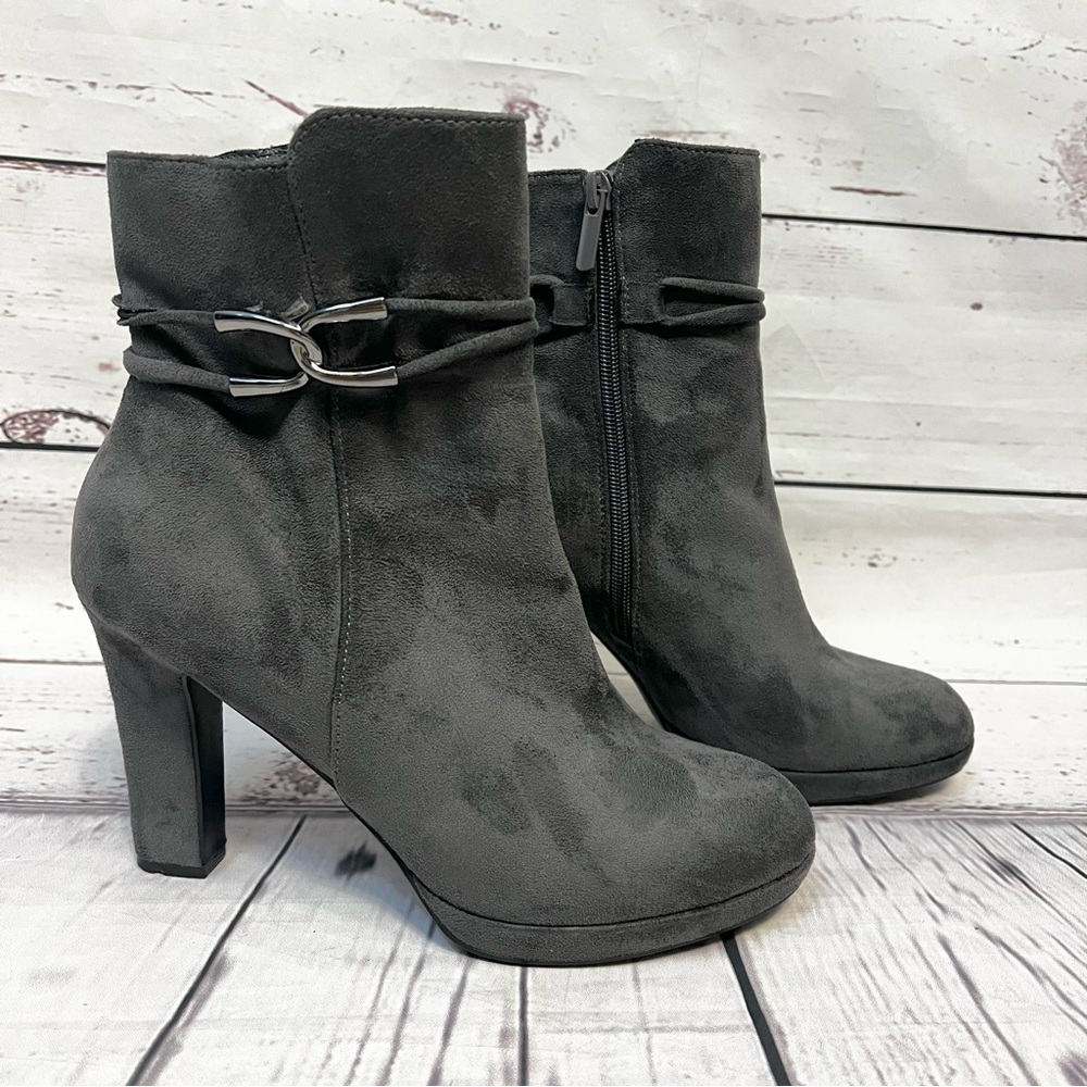 Impo Gray Heeled Boots with Chunky Heel and Chain Accent